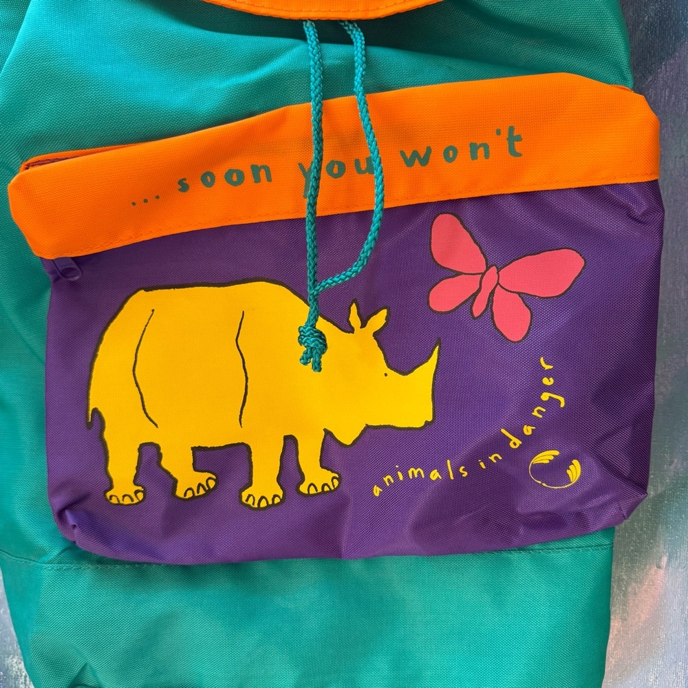 The Body Shop 90s Animals in Danger Backpack Drawstring Bag Rhino Elephant - Picture 3 of 15